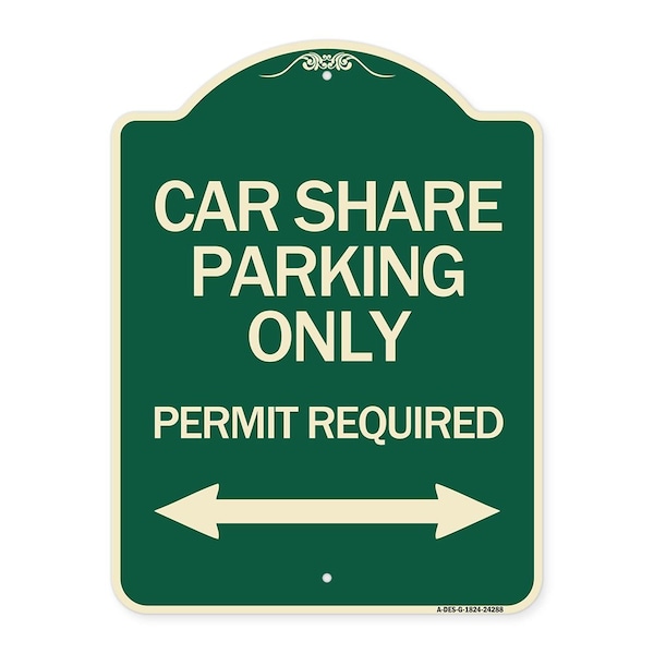 Car Share Parking Permit Required with Bidirectional Arrow Aluminum Sign, 24" x 18", G-1824-24288